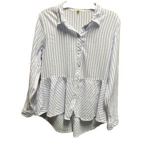 Love Notes size L striped peplum roll tab sleeves button front.